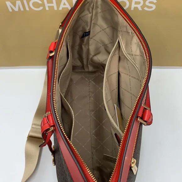 Michael Kors Travel Large Top Zip North South Tote Bag Flame/Brown signa… - Picture 10 of 16